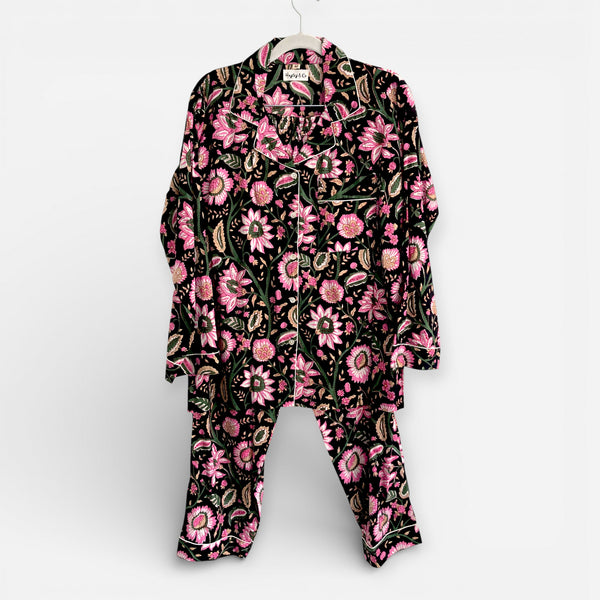 Black and Pink Block Print Floral 100% Cotton Long Pyjama Set
