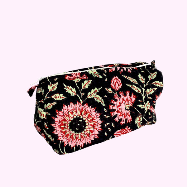 Black and Pink Floral Block Print Cotton Washbag, Make Up Bag, Pencil Case with Waterproof Lining - Pink Sunflower Print