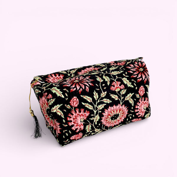 Black and Pink Floral Block Print Cotton Washbag, Make Up Bag, Pencil Case with Waterproof Lining - Pink Sunflower Print