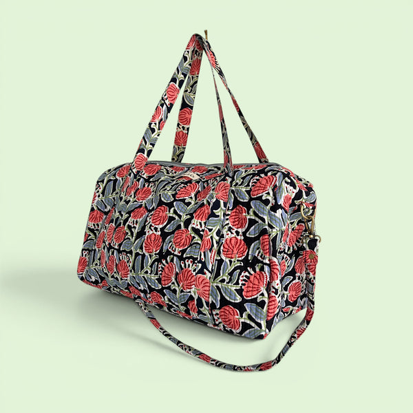 Weekend Duffle Bag | Black and Red Block Print Floral with Long Strap