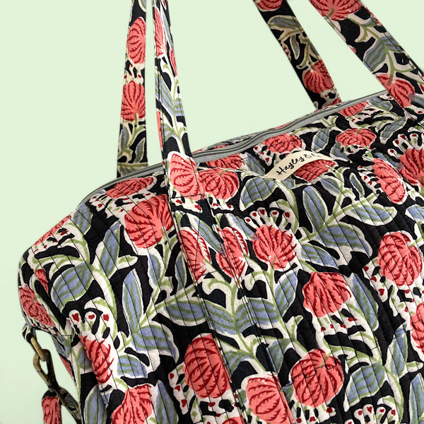 Weekend Duffle Bag | Black and Red Block Print Floral with Long Strap