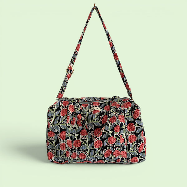 Weekend Duffle Bag | Black and Red Block Print Floral with Long Strap