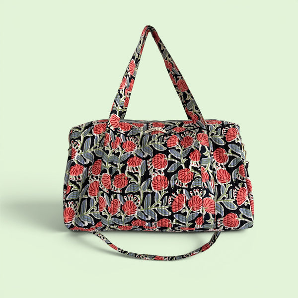 Weekend Duffle Bag | Black and Red Block Print Floral with Long Strap