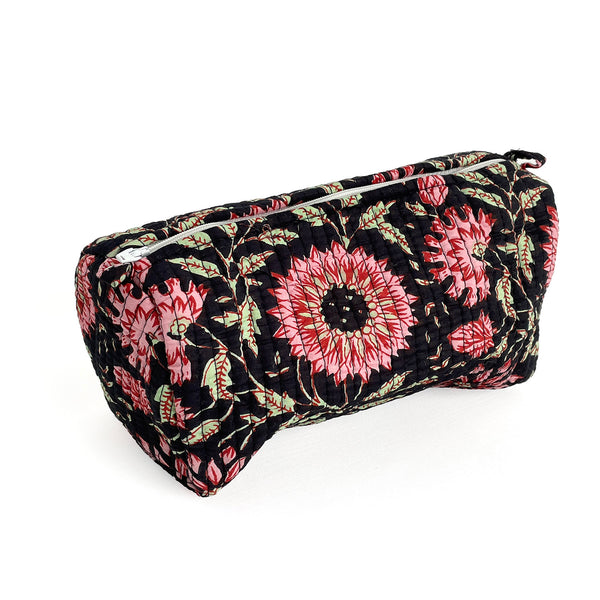 Black and Pink Floral Block Print Cotton Washbag, Make Up Bag, Pencil Case with Waterproof Lining - Pink Sunflower Print