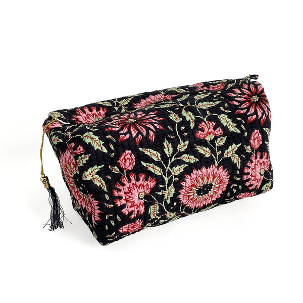Black and Pink Floral Block Print Cotton Washbag, Make Up Bag, Pencil Case with Waterproof Lining - Pink Sunflower Print