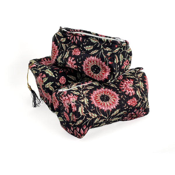Black and Pink Floral Block Print Cotton Washbag, Make Up Bag, Pencil Case with Waterproof Lining - Pink Sunflower Print