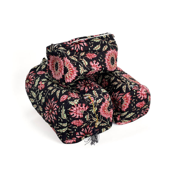 Black and Pink Floral Block Print Cotton Washbag, Make Up Bag, Pencil Case with Waterproof Lining - Pink Sunflower Print