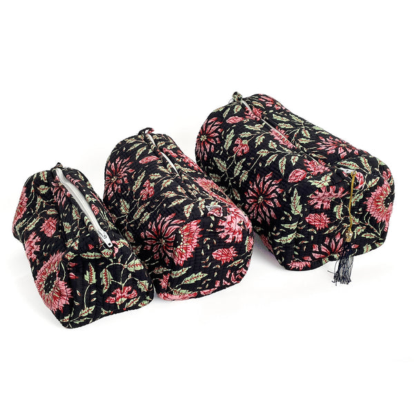 Black and Pink Floral Block Print Cotton Washbag, Make Up Bag, Pencil Case with Waterproof Lining - Pink Sunflower Print