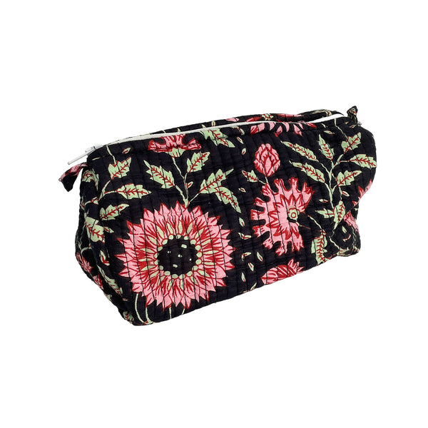Black and Pink Floral Block Print Cotton Washbag, Make Up Bag, Pencil Case with Waterproof Lining - Pink Sunflower Print