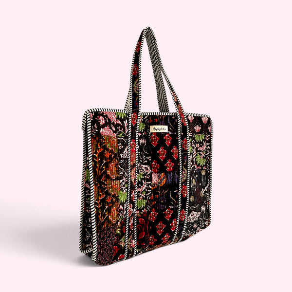 Black Patchwork Floral Block Print Quilted Cotton Tote Bag