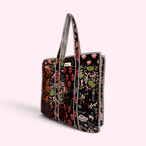 Black Patchwork Floral Block Print Quilted Cotton Tote Bag