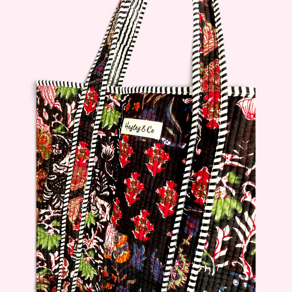 Black Patchwork Floral Block Print Quilted Cotton Tote Bag