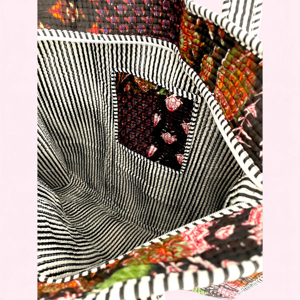 Black Patchwork Floral Block Print Quilted Cotton Tote Bag