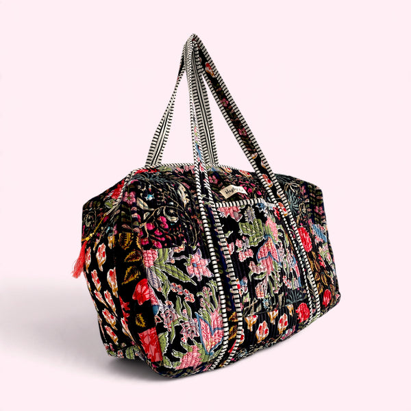 Black Patchwork Floral Block Print Cotton Quilted Weekend Duffle Bag