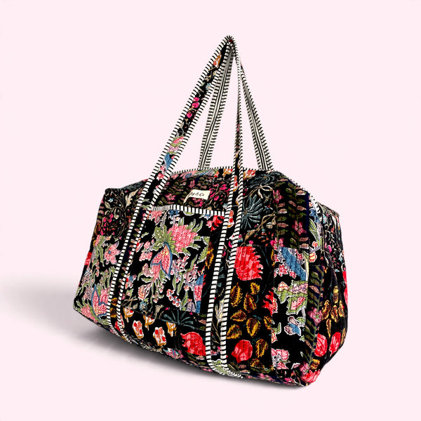 Black Patchwork Floral Block Print Cotton Quilted Weekend Duffle Bag