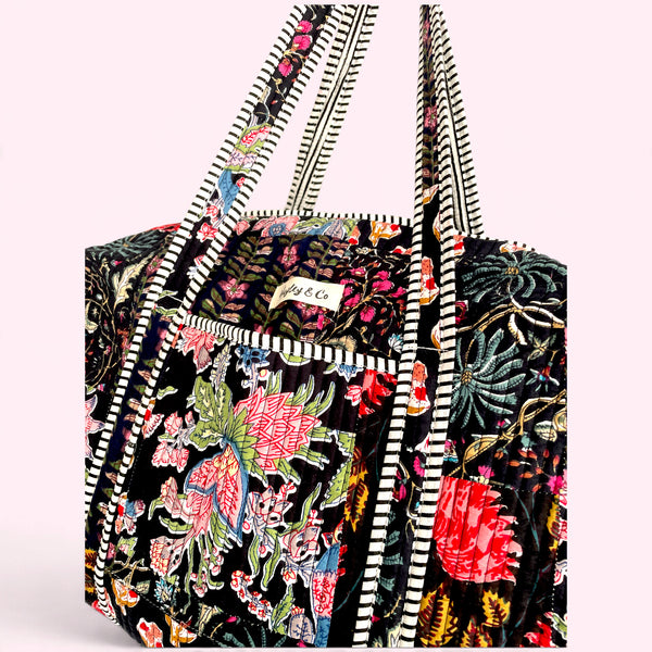 Black Patchwork Floral Block Print Cotton Quilted Weekend Duffle Bag