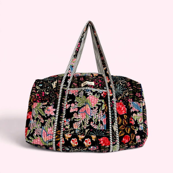 Black Patchwork Floral Block Print Cotton Quilted Weekend Duffle Bag