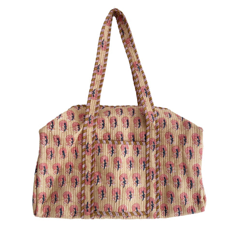 Block Print Flower Cotton Quilted Weekend Duffle Bag