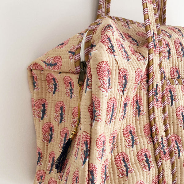 Block Print Flower Cotton Quilted Weekend Duffle Bag