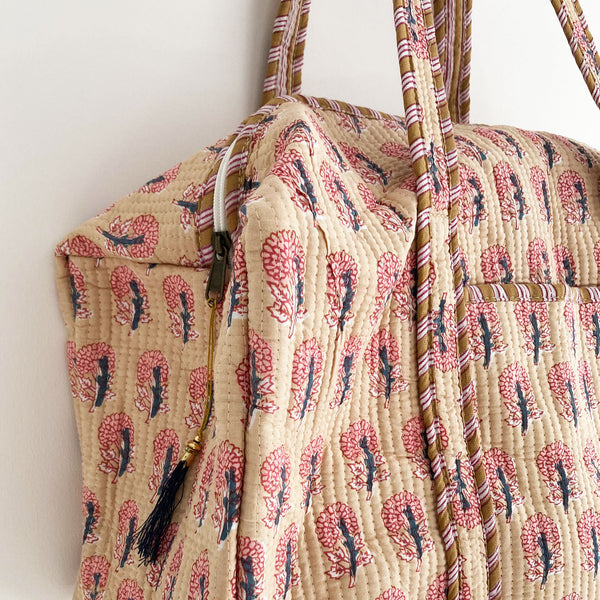 Block Print Flower Cotton Quilted Weekend Duffle Bag