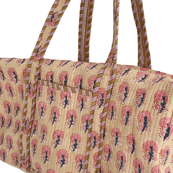 Block Print Flower Cotton Quilted Weekend Duffle Bag