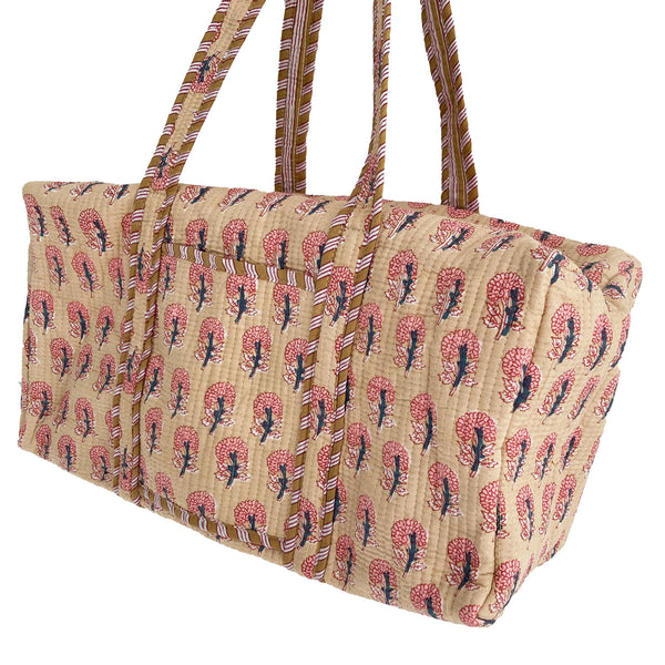Block Print Flower Cotton Quilted Weekend Duffle Bag