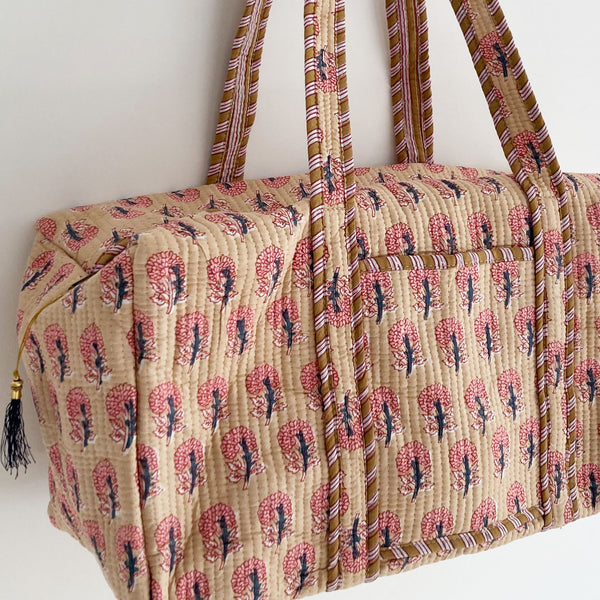 Block Print Flower Cotton Quilted Weekend Duffle Bag