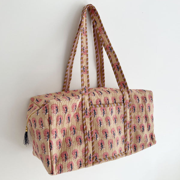 Block Print Flower Cotton Quilted Weekend Duffle Bag