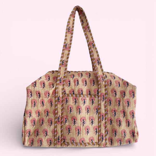 Block Print Flower Cotton Quilted Weekend Duffle Bag