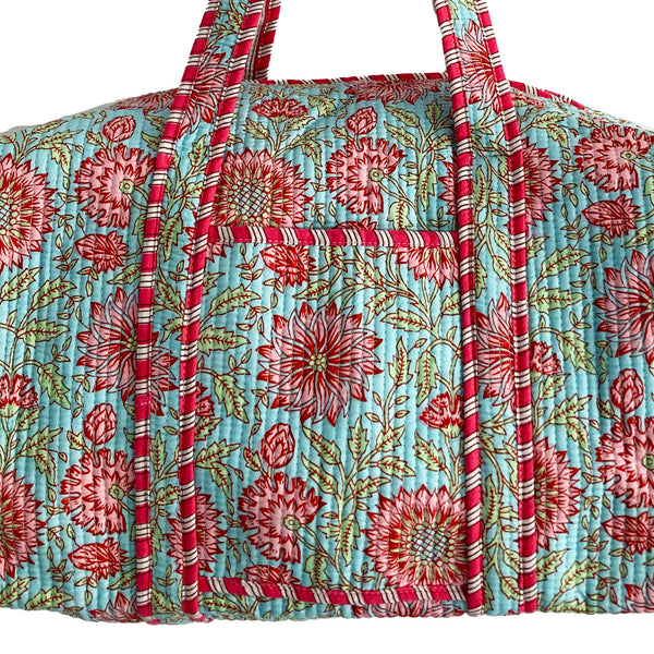 Blue and Pink Floral Cotton Quilted Weekend Duffle Bag