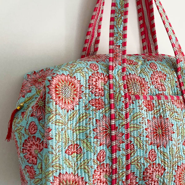 Blue and Pink Floral Cotton Quilted Weekend Duffle Bag