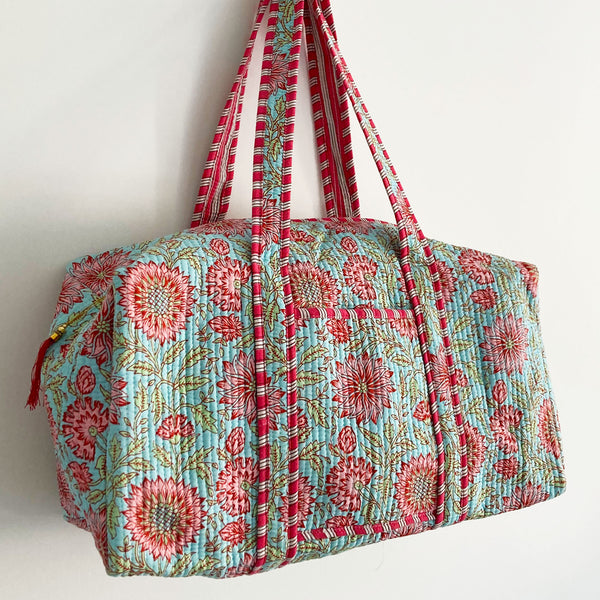 Blue and Pink Floral Cotton Quilted Weekend Duffle Bag