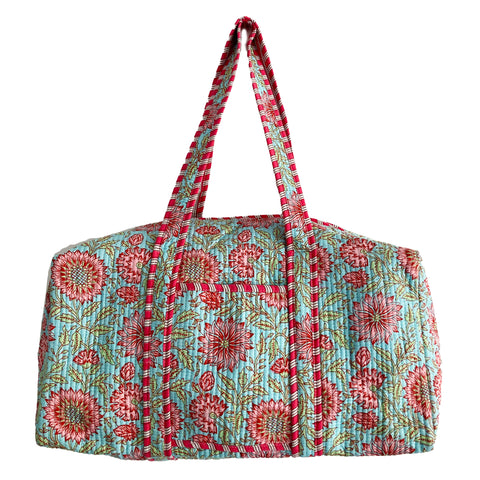 Blue and Pink Floral Cotton Quilted Weekend Duffle Bag