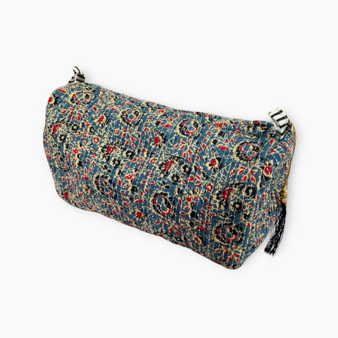 Blue and Red Floral Block Print Cotton Washbag, Make Up Bag, Pencil Case with Waterproof Lining - Blue and Red Floral