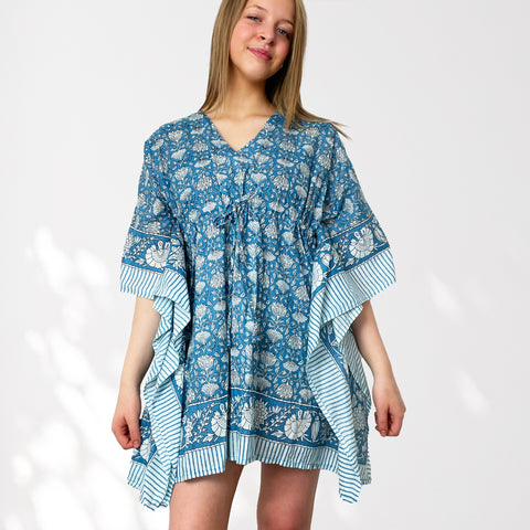 Blue Floral Print 100% Cotton Beach Kaftan