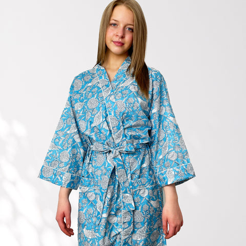 Blue Bird and Flower Print 100% Cotton Dressing Gown