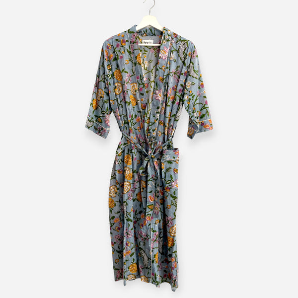 Pale Blue Floral Block Print 100% Cotton Dressing Gown