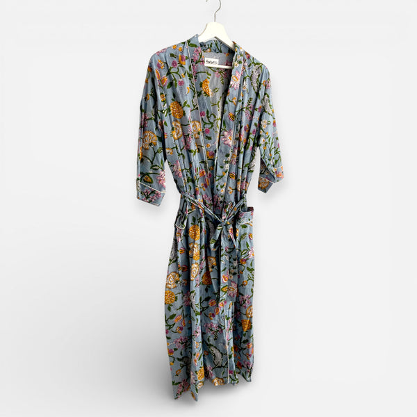 Pale Blue Floral Block Print 100% Cotton Dressing Gown