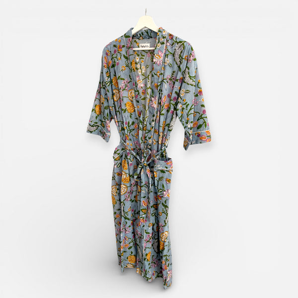 Pale Blue Floral Block Print 100% Cotton Dressing Gown