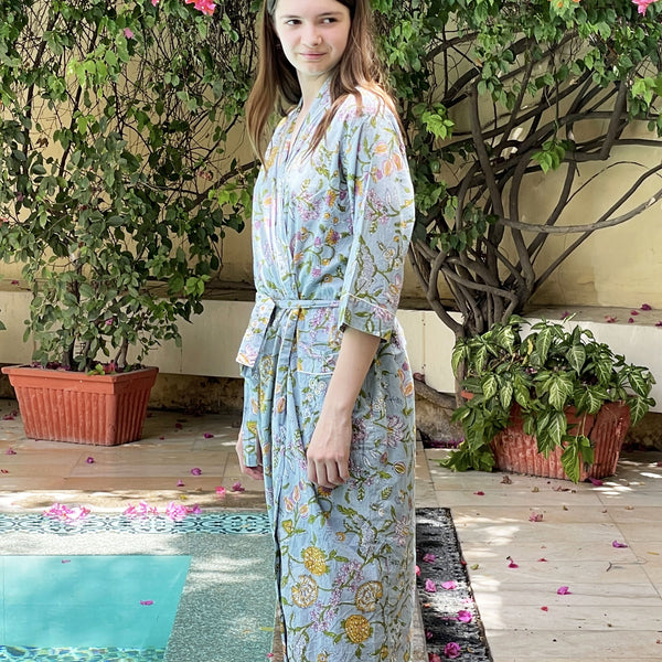 Pale Blue Floral Block Print 100% Cotton Dressing Gown