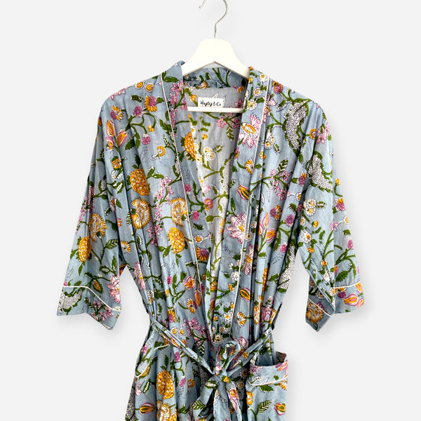 Pale Blue Floral Block Print 100% Cotton Dressing Gown