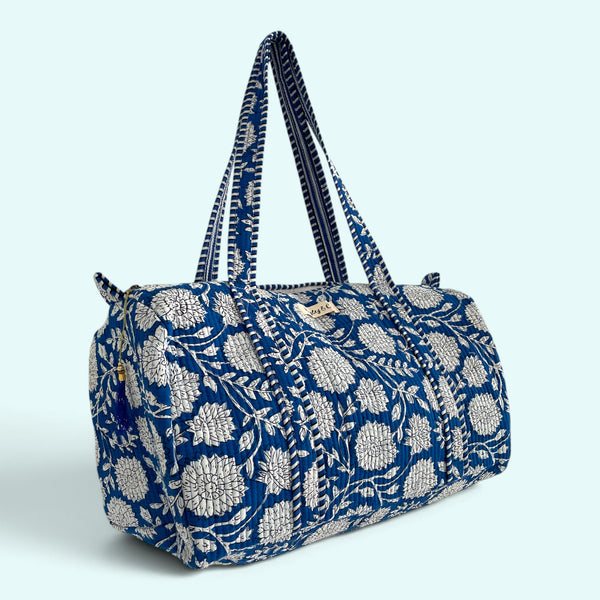 Blue Floral Cotton Quilted Weekend Duffle Bag