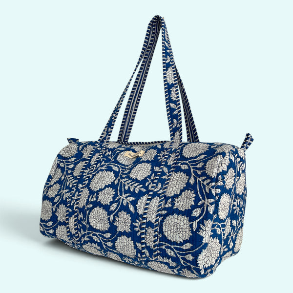 Blue Floral Cotton Quilted Weekend Duffle Bag