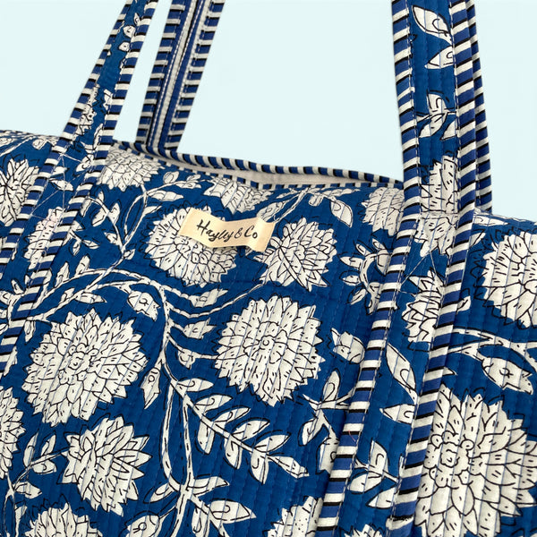 Blue Floral Cotton Quilted Weekend Duffle Bag