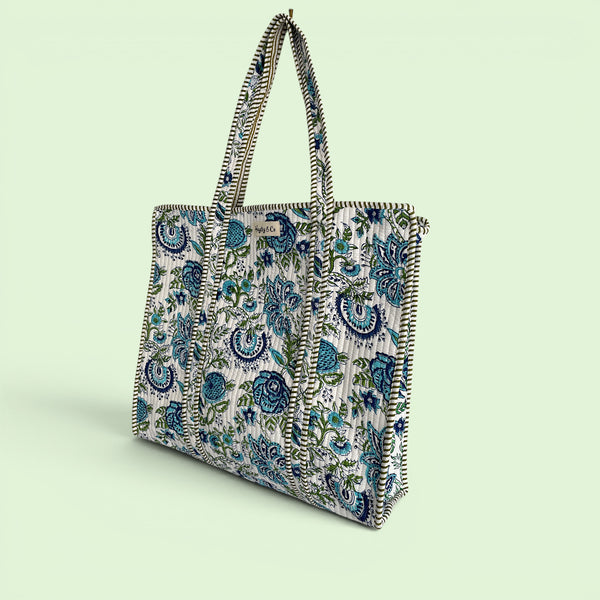 Blue and Green Floral Quilted Cotton Tote Bag