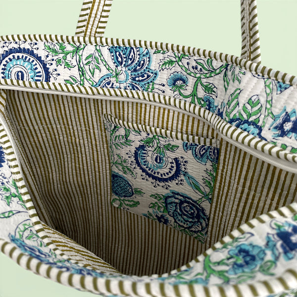 Blue and Green Floral Quilted Cotton Tote Bag