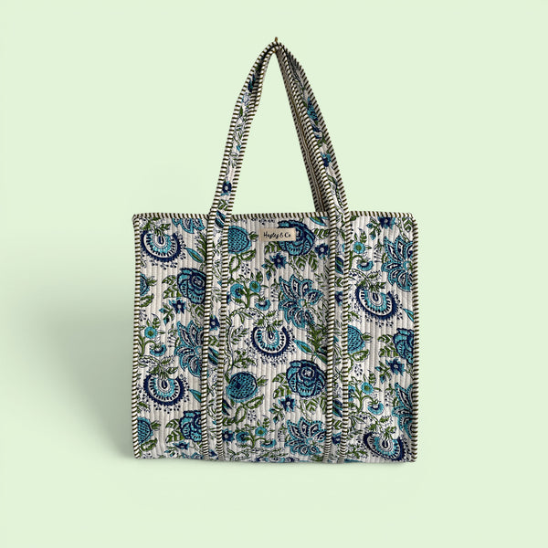 Blue and Green Floral Quilted Cotton Tote Bag