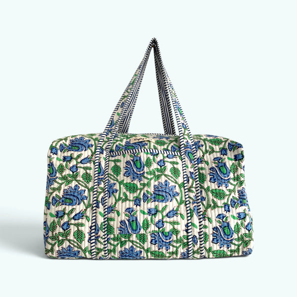 Blue and Green Floral Block Print Cotton Quilted Weekend Duffle Bag