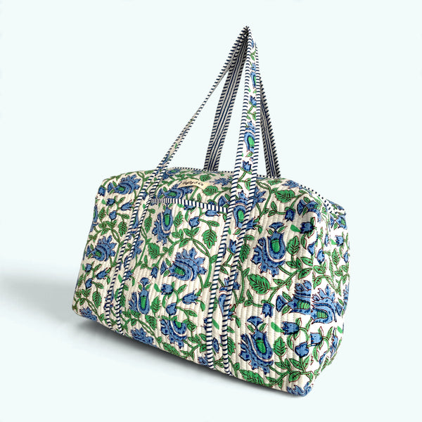Blue and Green Floral Block Print Cotton Quilted Weekend Duffle Bag