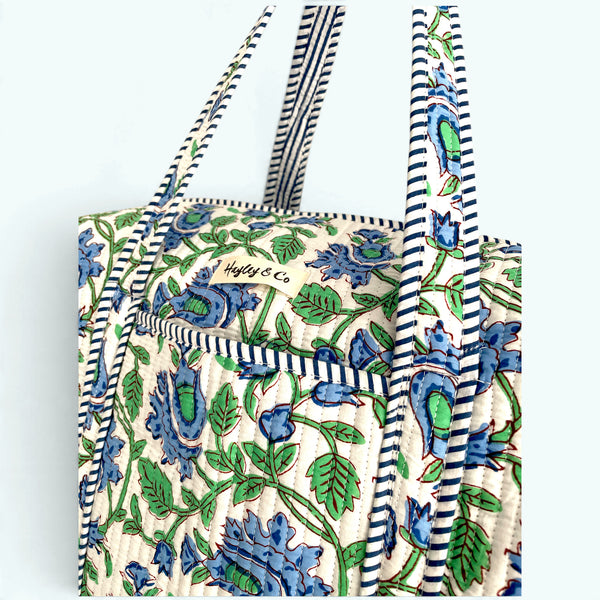 Blue and Green Floral Block Print Cotton Quilted Weekend Duffle Bag